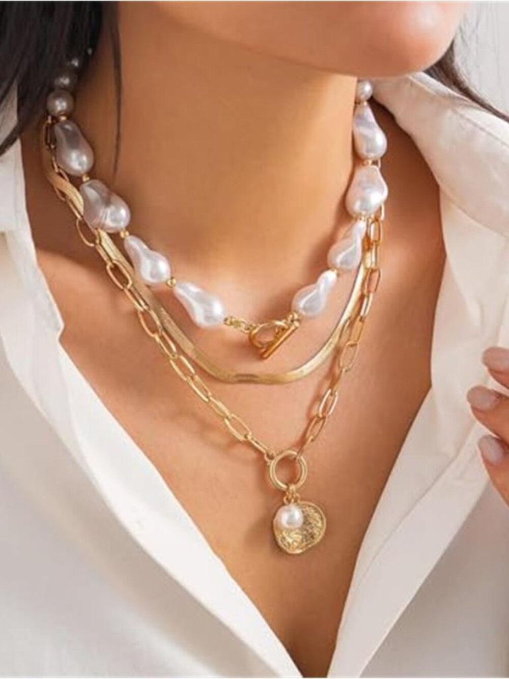 Gold Tone Chunky Layered Chain Necklace Heart Baroque Pearl Boho Statement